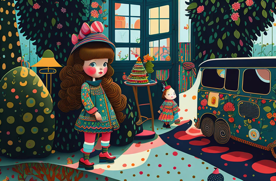 Stylized illustration of dolls in matching outfits with decorated tree and camper in colorful garden setting at night