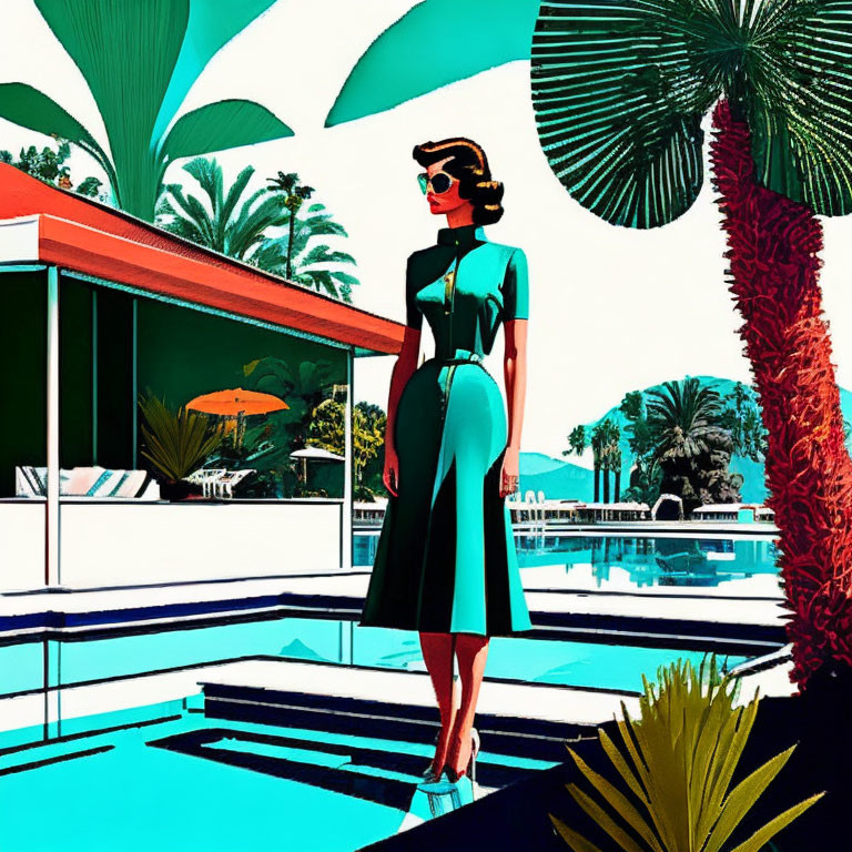 Retro-futuristic woman by pool with palm trees & modernist house