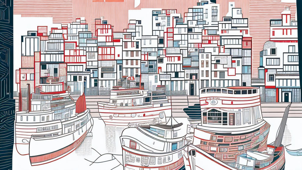 Abstract Red, White, and Grey Cityscape with Boat-like Structures