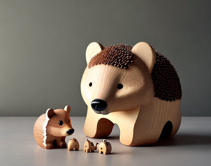 Wooden hedgehog family figurines in warm light on neutral background