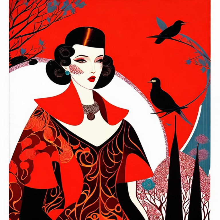 Art Deco style glamorous woman in red and black dress with stylized nature elements