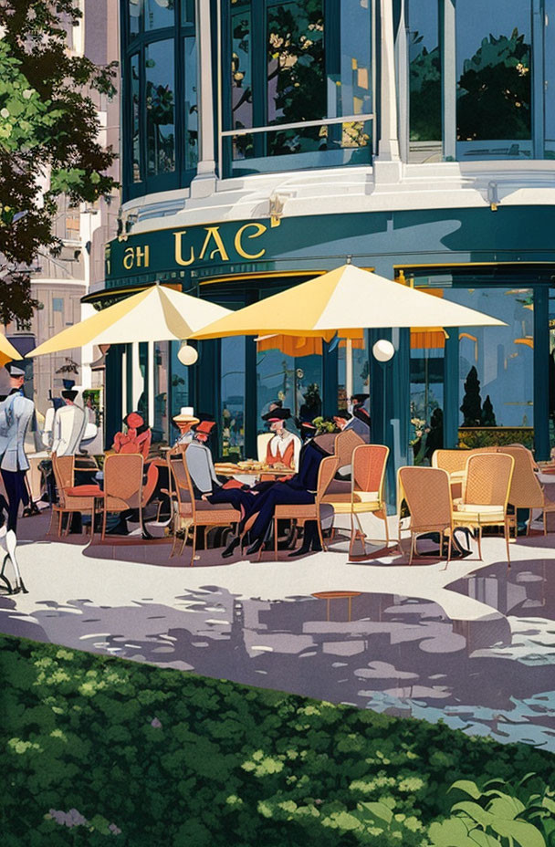 Outdoor Cafe Scene with Yellow Umbrellas and Greenery Backdrop