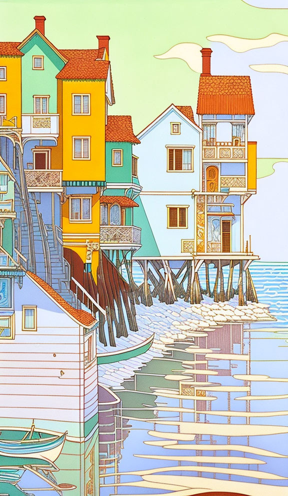 Whimsical houses on stilts over water with boats and pier under pastel sky