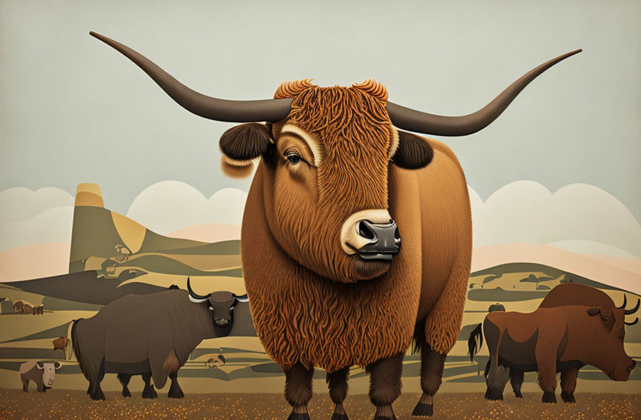 Brown shaggy bull with long horns in front of stylized mountains & other bulls