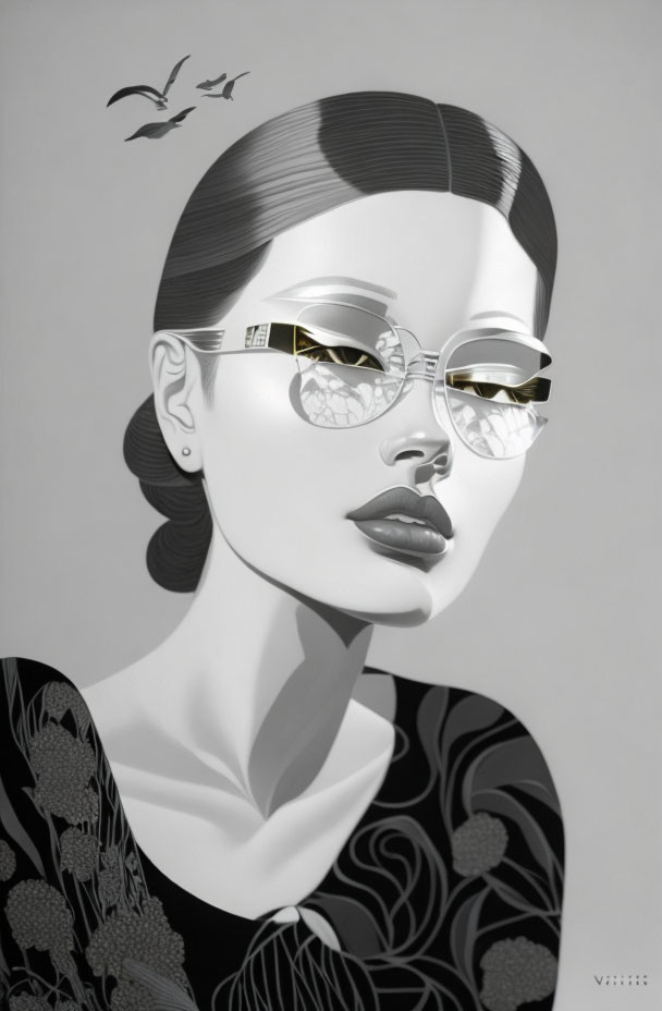 Monochrome illustration of stylish woman with detailed sunglasses and bold lipstick