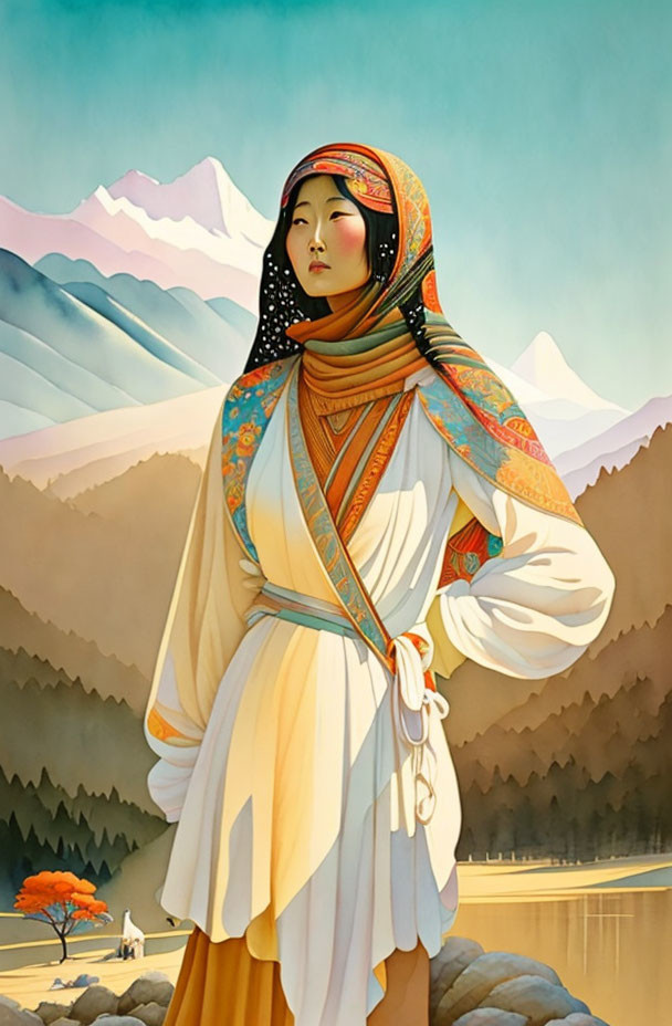 Asian woman in elegant white dress by mountain lake