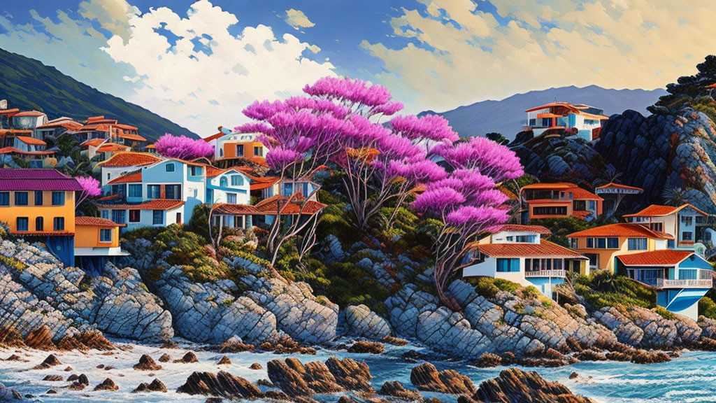 Colorful Coastal Village Nestled on Rocky Terrain with Pink Foliage