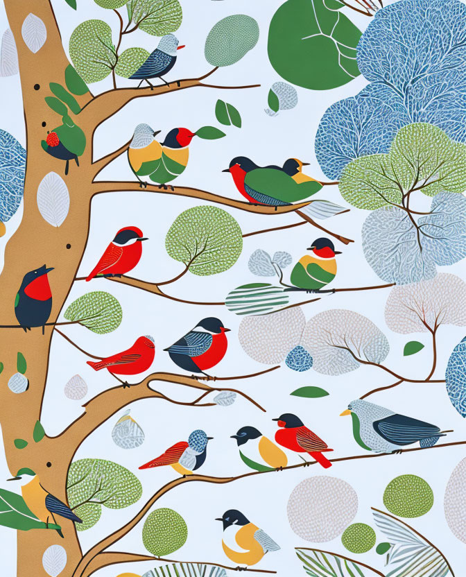 Vibrant bird illustrations on branches with green and blue tree leaves.