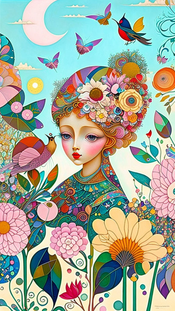 Colorful Woman Illustration with Floral Hat and Whimsical Background