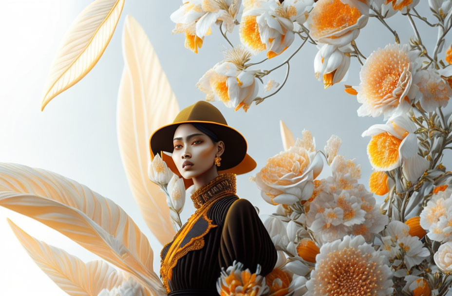 Woman in Hat Surrounded by Oversized Orange and White Flowers