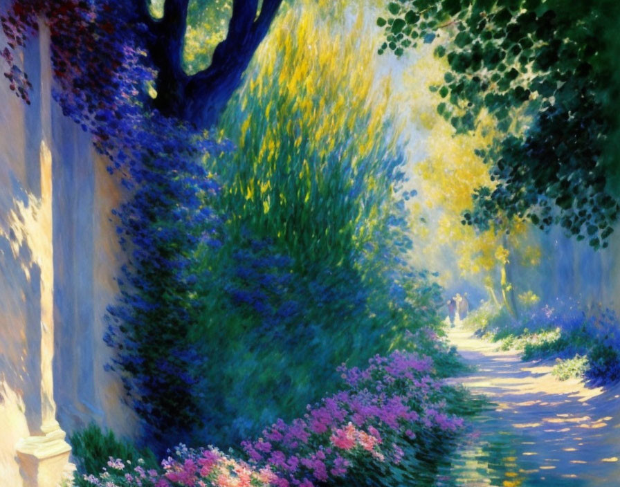 Sunlit Garden Path with Lush Flowers and Walking Figures