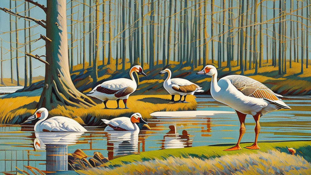 Geese painting by forest stream with reflections and shadows