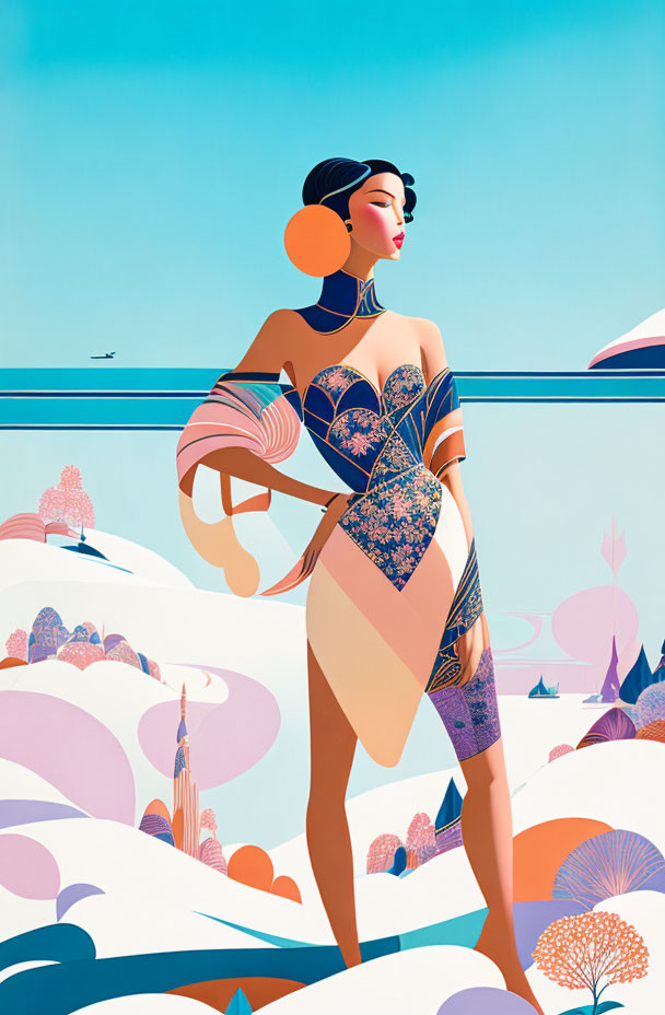 Stylized woman in elegant dress with futuristic landscape and airplane