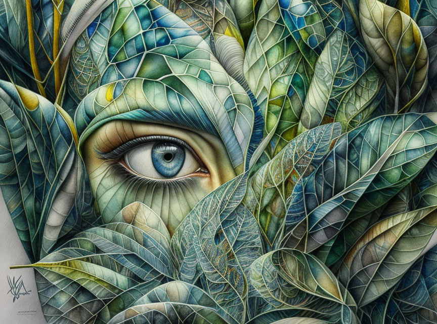 Detailed Illustration: Blue Eye Among Green Leaves with Vein Patterns