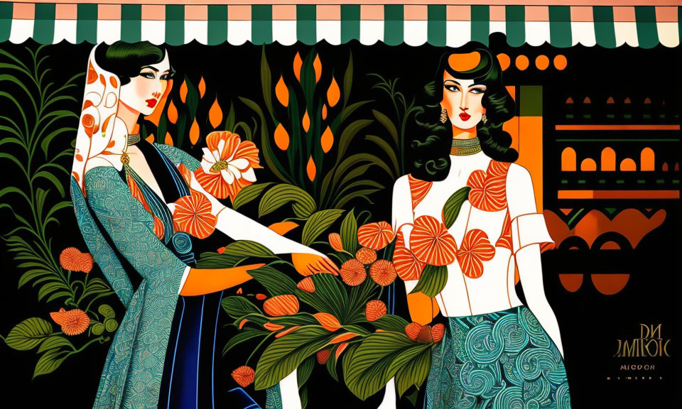 Stylized women in art-deco setting with floral motifs exchanging flowers