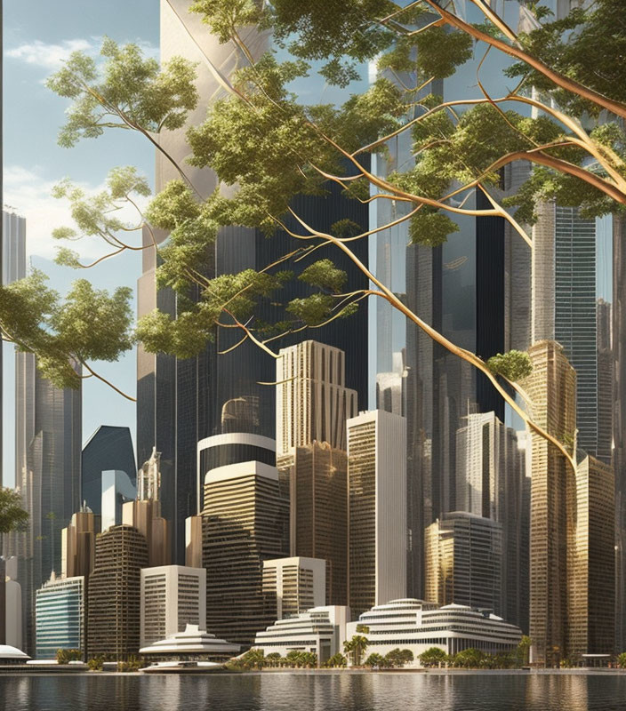 Futuristic cityscape with skyscrapers, greenery, and water.