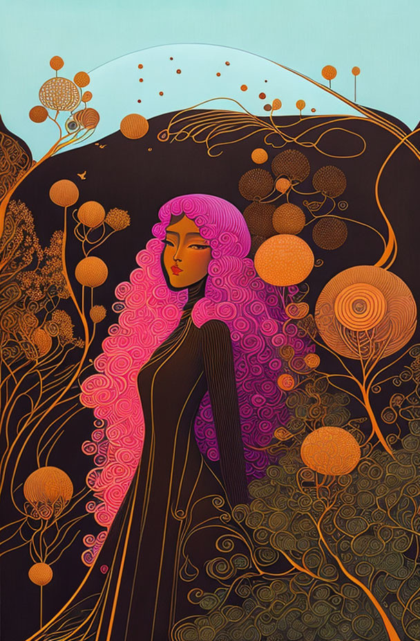 Stylized illustration of woman with pink hair in black dress amid abstract nature.