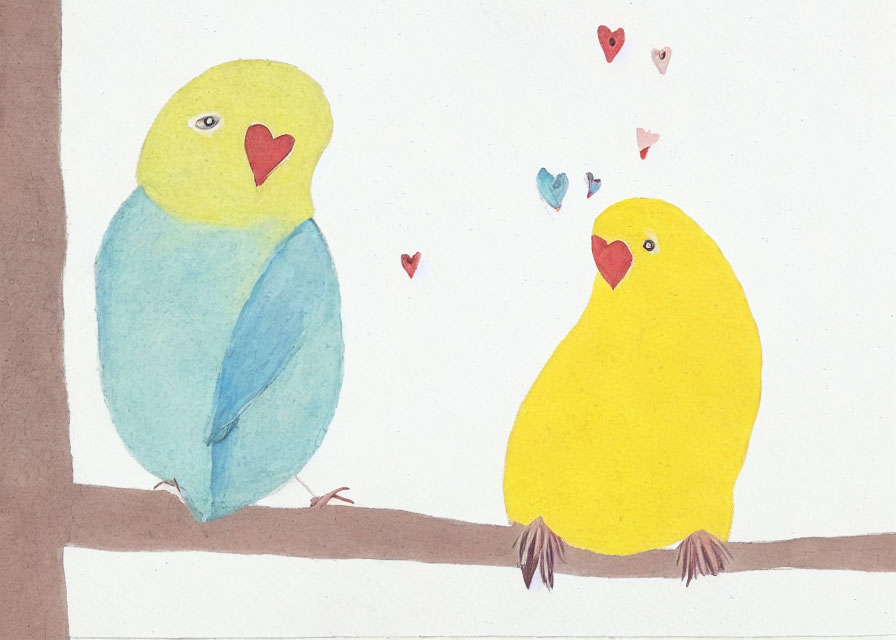 Watercolor painting of blue and yellow parakeets on branch with floating hearts