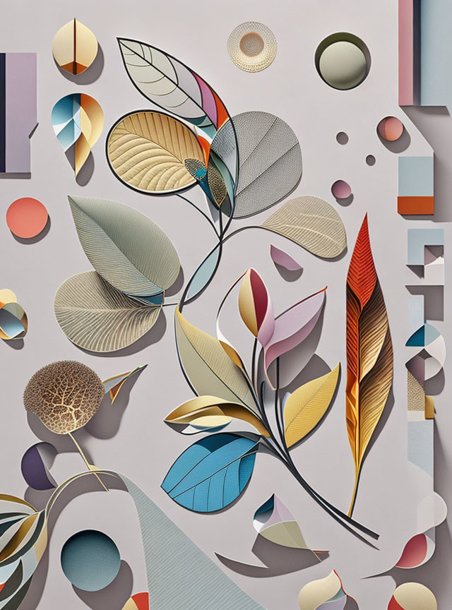 Modern Botanical Illustration with Geometric Shapes & Textured Cut-Out Paper