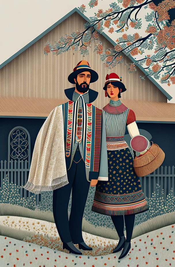 Traditional Andean clothing worn by two people in front of a house with a flowering tree and intricate patterns