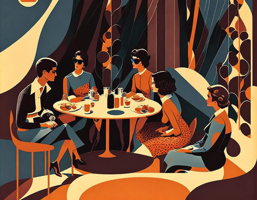 Illustration of five people at retro table with food and drinks