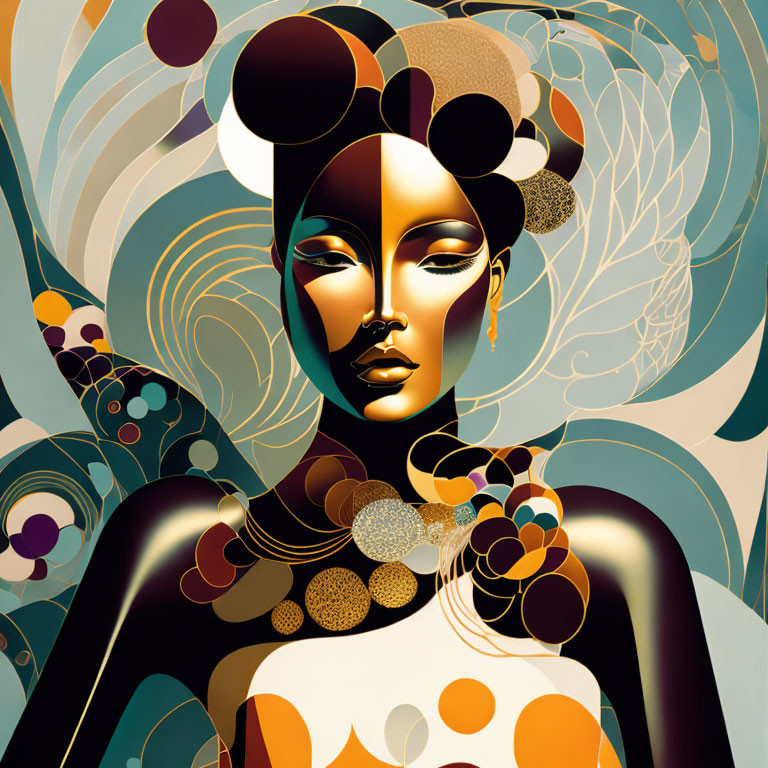 Stylized illustration of a woman in elegant swirling patterns