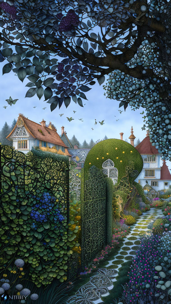 Enchanting garden with ornate gate, blooming flowers, pathway, storybook-style houses,