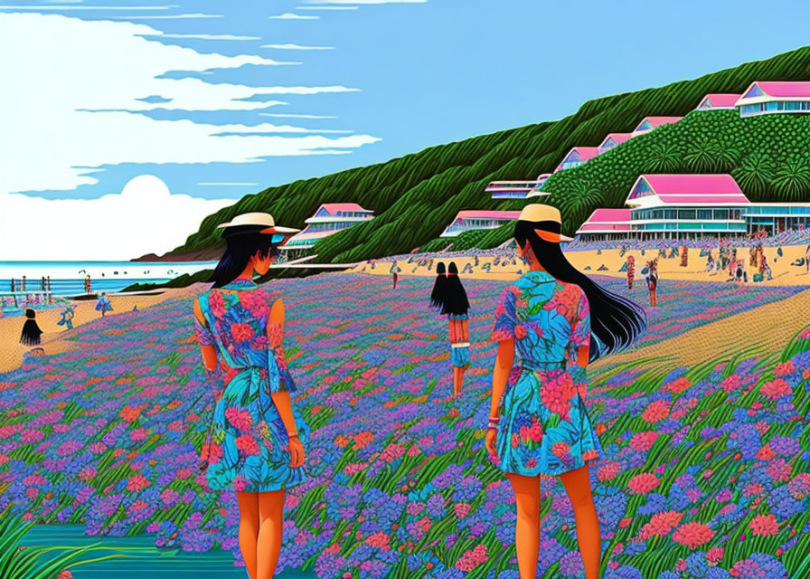 Two women in floral dresses on beach with purple flowers, watching vibrant seaside scene.