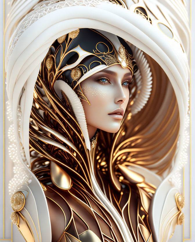 Digital illustration of a woman with ornate gold and white headdress and striking blue eyes.