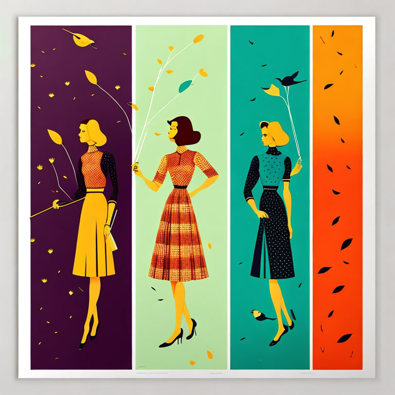 Stylized vintage dresses illustrations with autumn backgrounds