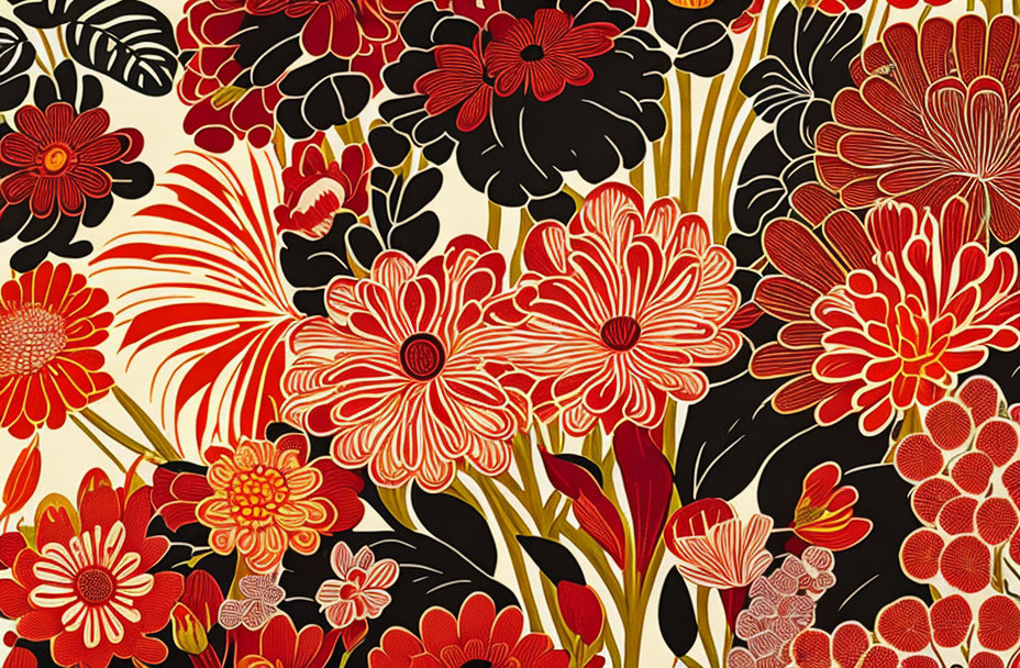 Red, Black, and Cream Floral Pattern on Contrasting Background