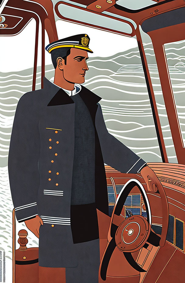 Ship captain illustration in uniform at helm with ocean background