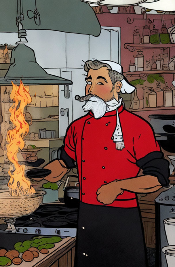 Chef with Mustache Cooking in Kitchen with Flames and Ingredients