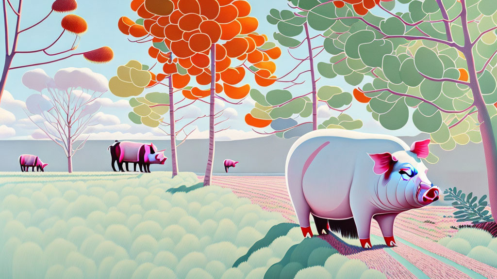 Colorful Landscape with Oversized Pigs and Autumn Trees