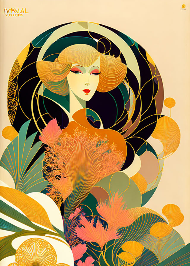 Woman with flowing blonde hair in Art Nouveau style illustration surrounded by green, gold, and coral plant