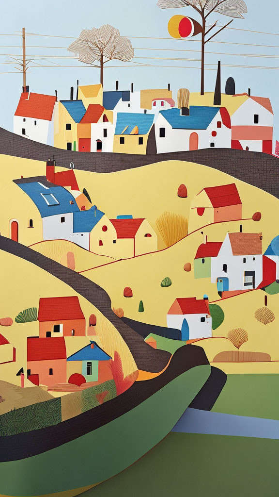 Vibrant stylized village painting with rolling hills and winding road