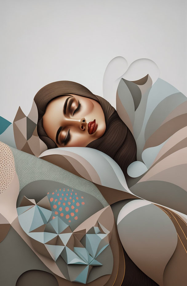 Stylized brown-haired woman in peaceful pose with abstract geometric shapes