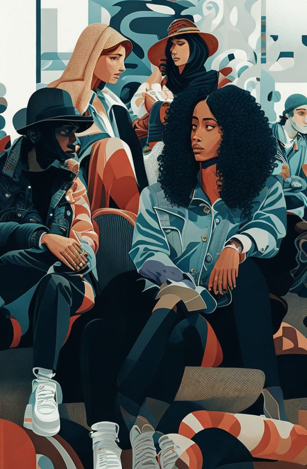 Fashionable diverse group in colorful illustration.