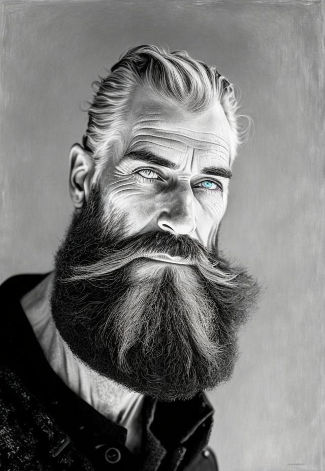 Monochromatic portrait of a man with full beard and blue eyes