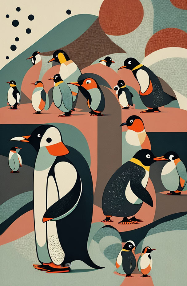 Stylized penguins on abstract landscape with hills in earthy tones