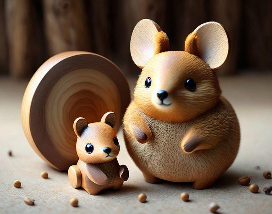 Stylized 3D-rendered chipmunks with wooden shell and seeds