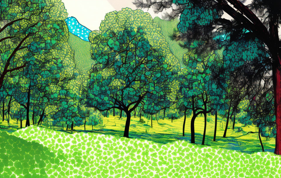 Colorful Stylized Forest Illustration with Green Foliage and Blue Sky