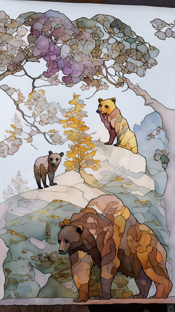 Stylized illustration of bears under tree with colorful foliage