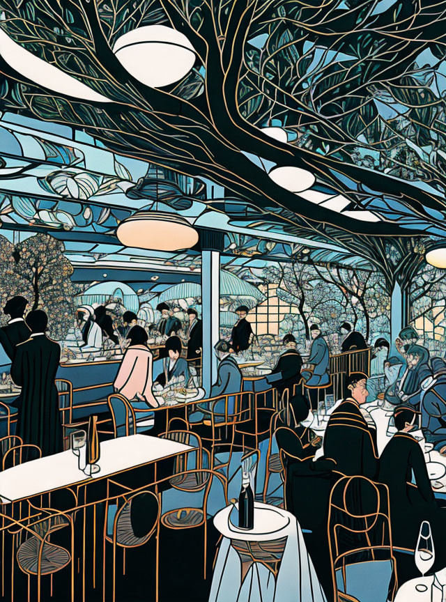 Vibrant cafe scene with diners, waitstaff, large windows, and interior trees