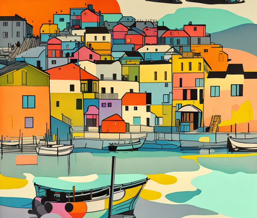 Vibrant coastal village painting with clustered houses and boats