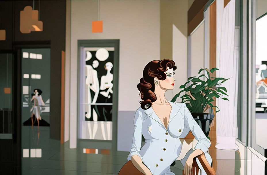 Stylized woman with brown hair in modern interior with silhouetted figures.