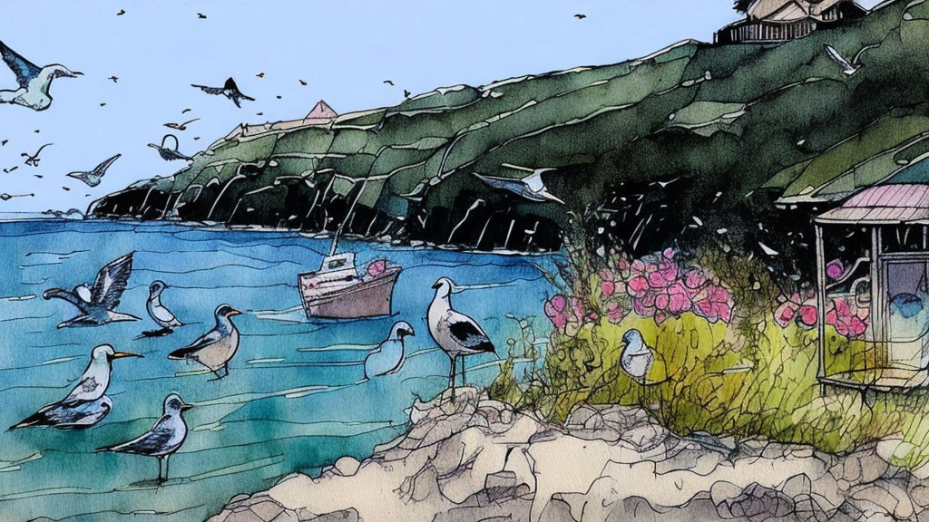 Vibrant coastal illustration with seagulls, boat, and cliffside houses