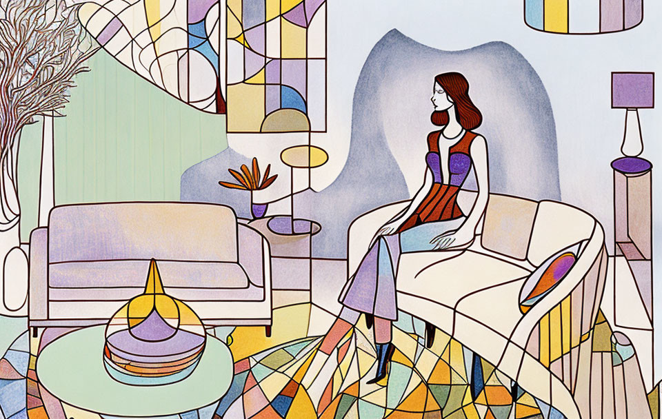 Colorful Geometric Living Room Illustration with Woman on Sofa