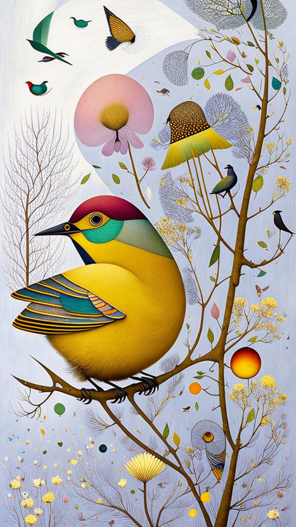 Vibrant painting of large bird on tree branch with smaller birds and flowers