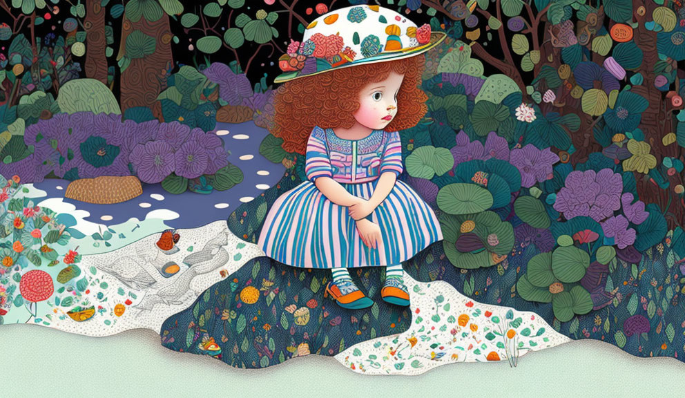 Whimsical girl illustration with curly hair and fruit hat on patchwork quilt forest